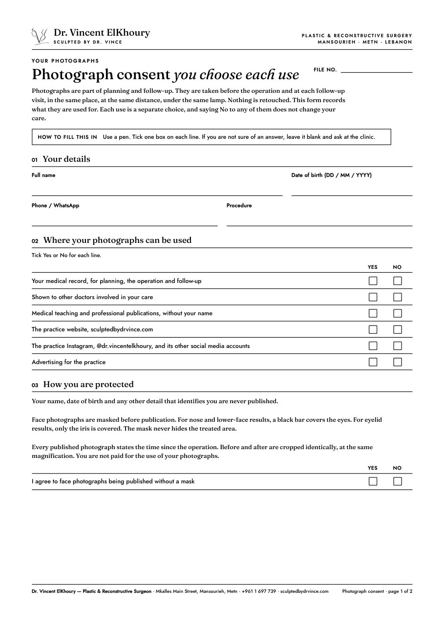 Photograph consent form, page one