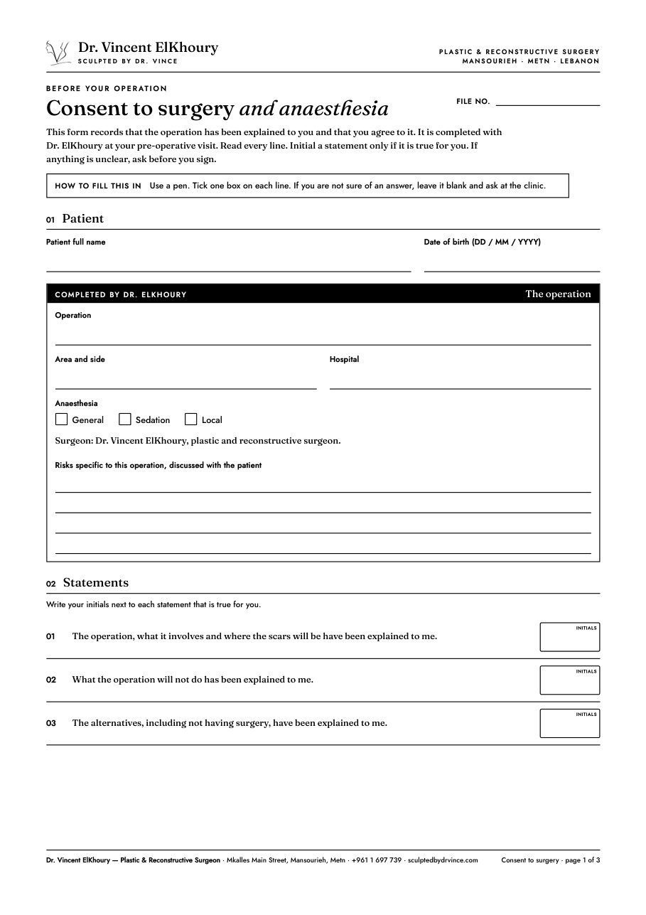 Consent to surgery form, page one